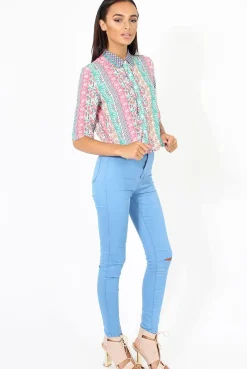 Rebellious Fashion Pink Folk Print Cropped Shirt - Tiff