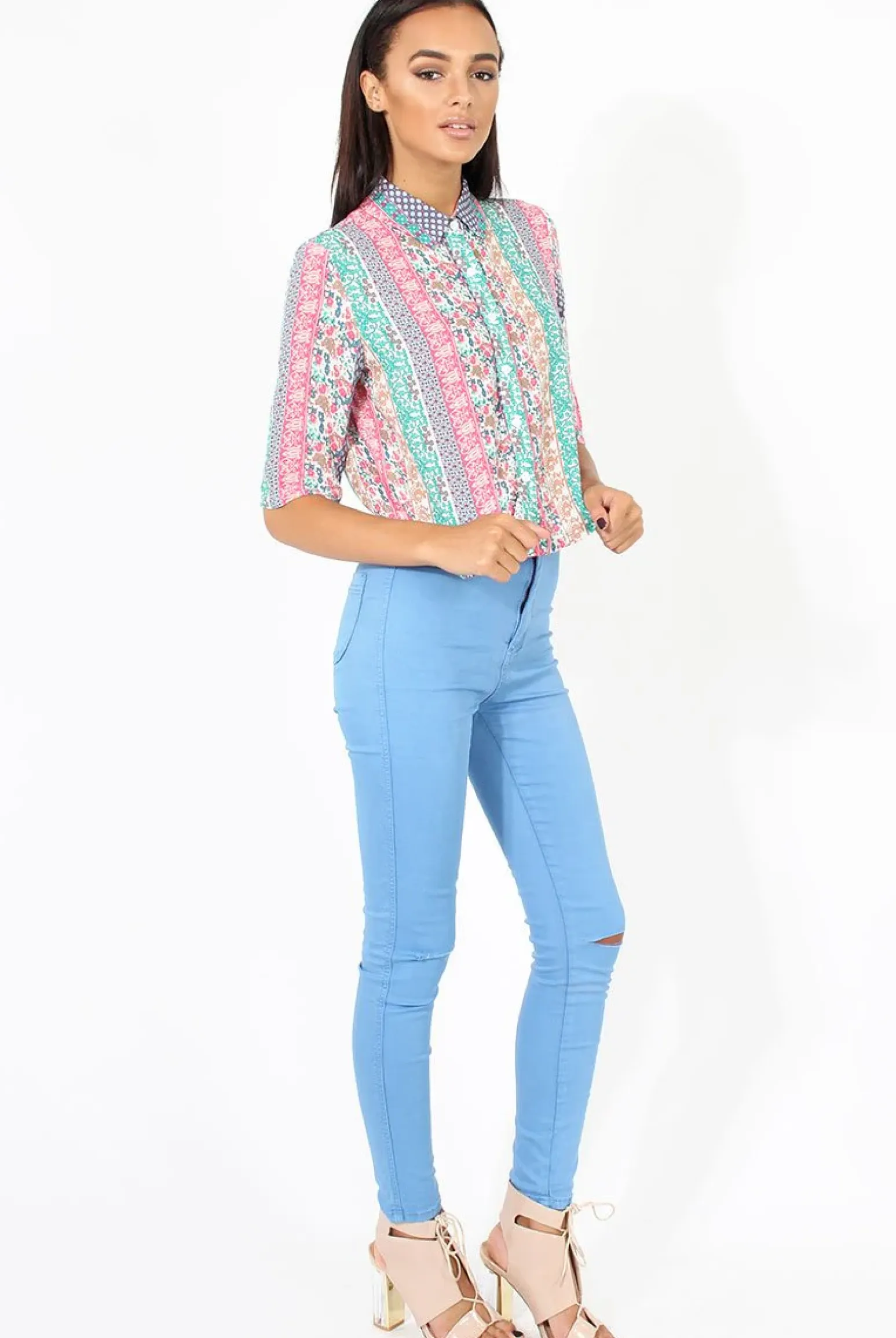 Rebellious Fashion Pink Folk Print Cropped Shirt - Tiff