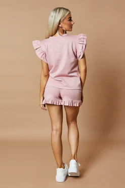 Rebellious Fashion Pink Frill Detail Top & Shorts Co-Ords Set - Keiko