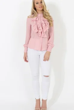 Rebellious Fashion Pink Frill Front Blouse - Camille