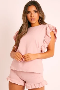 Rebellious Fashion Pink Frill Hem T-shirt Short Loungewear Co-ord - Daleiza