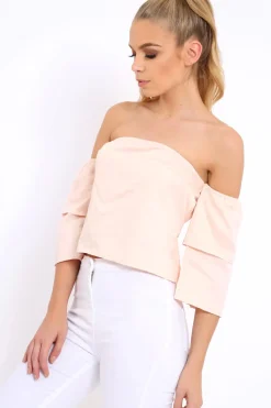 Rebellious Fashion Pink Frill Off Shoulder Tie Crop Top - Halle