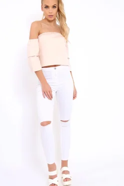 Rebellious Fashion Pink Frill Off Shoulder Tie Crop Top - Halle