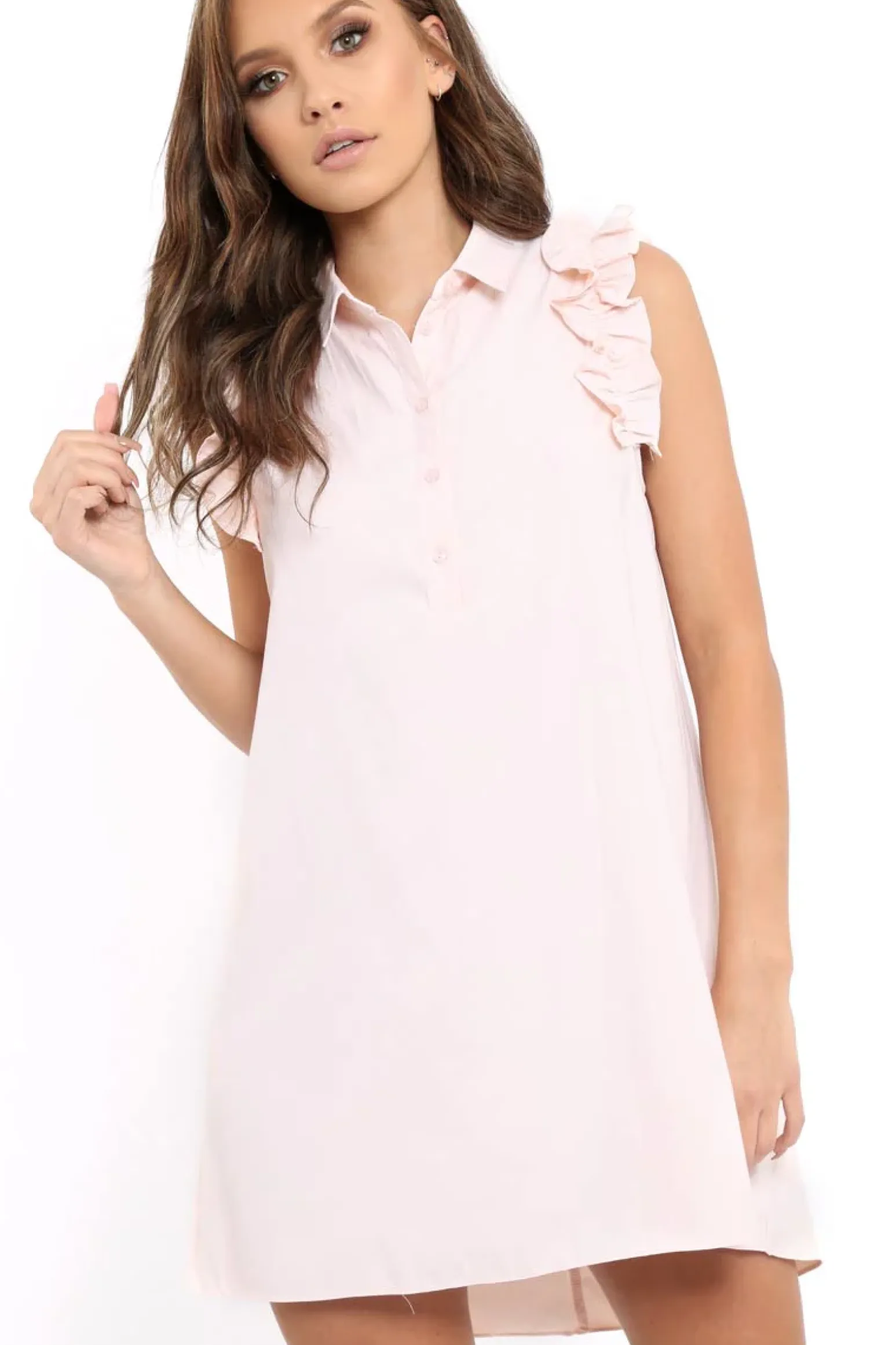 Rebellious Fashion Pink Frill Sleeve Dip Hem Shirt Dress - Camilie