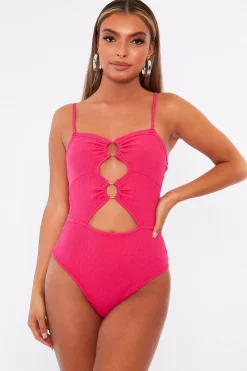 Rebellious Fashion Pink Front Ring Cut Out Ribbed Bodysuit - Ruba