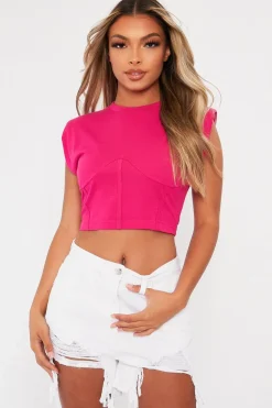 Rebellious Fashion Pink Front Seam Shoulder Pad Crop Top - Cissa