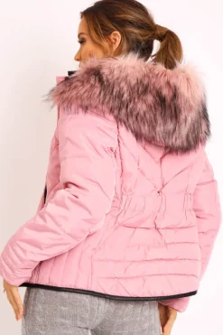 Rebellious Fashion Pink Fur Trim Quilted Puffer Coat - Lania