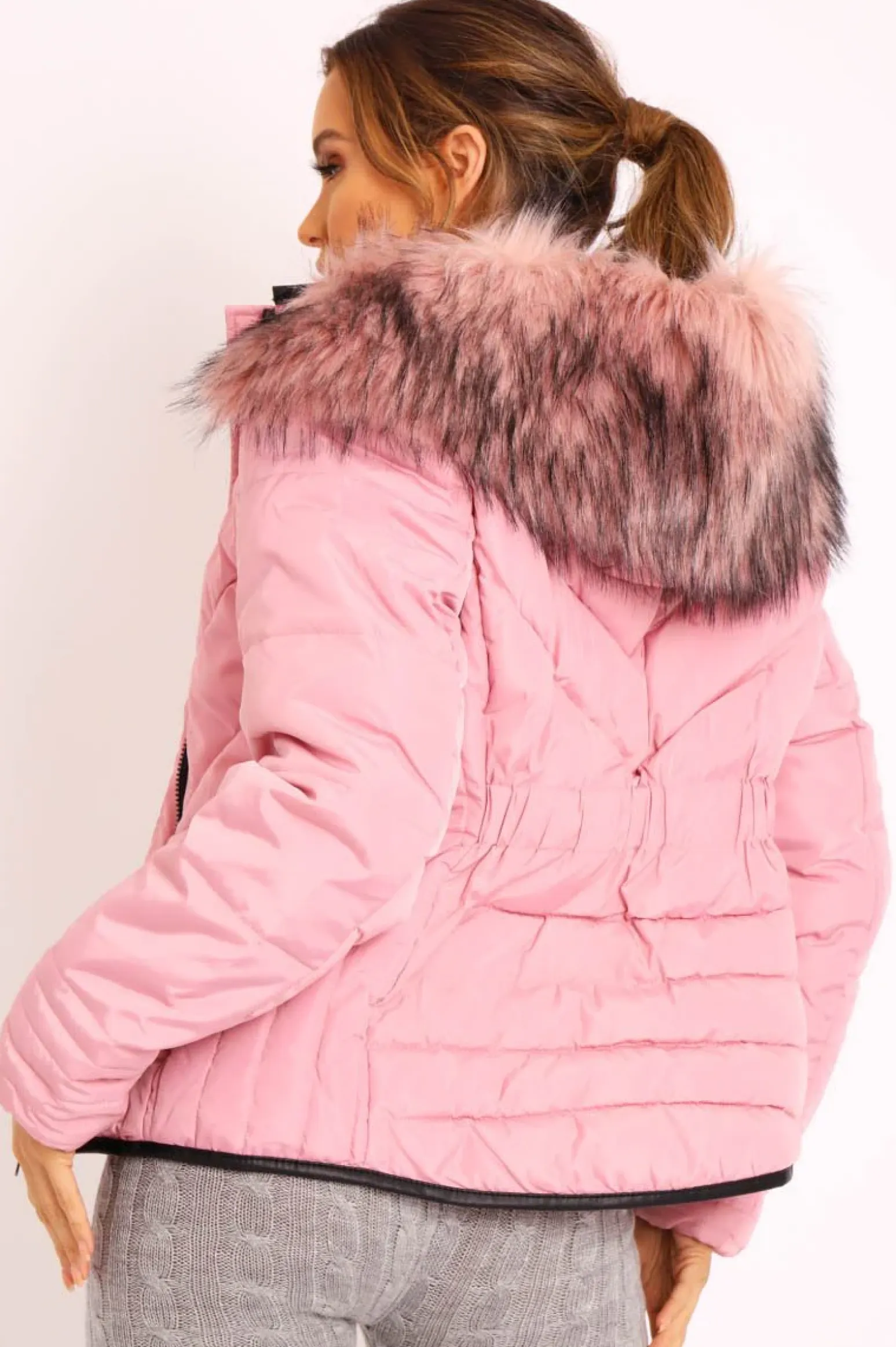 Rebellious Fashion Pink Fur Trim Quilted Puffer Coat - Lania