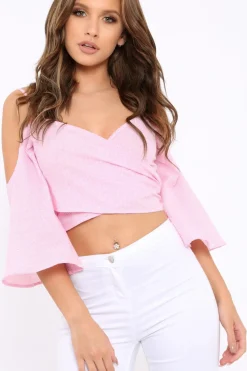 Rebellious Fashion Pink Gingham Cold Shouler Tie Back Crop Top - Leela