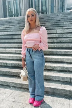 Rebellious Fashion Pink Gingham Square Neckline Crop Top - Amora