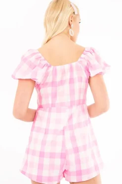Rebellious Fashion Pink Gingham Tie Front Puff Sleeve Playsuit - Davey