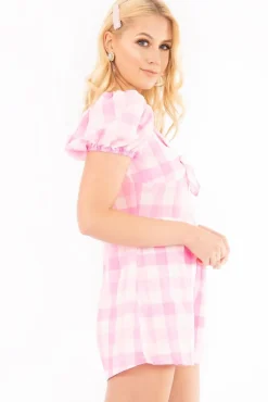 Rebellious Fashion Pink Gingham Tie Front Puff Sleeve Playsuit - Davey