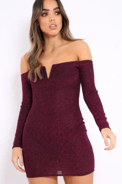 Rebellious Fashion Pink Glitter Bardot Bodycon Dress - Everly