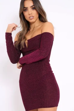 Rebellious Fashion Pink Glitter Bardot Bodycon Dress - Everly