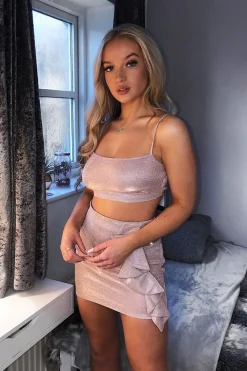 Rebellious Fashion Pink Glitter Crop Top Ruffle Skirt Co-ord - Faith
