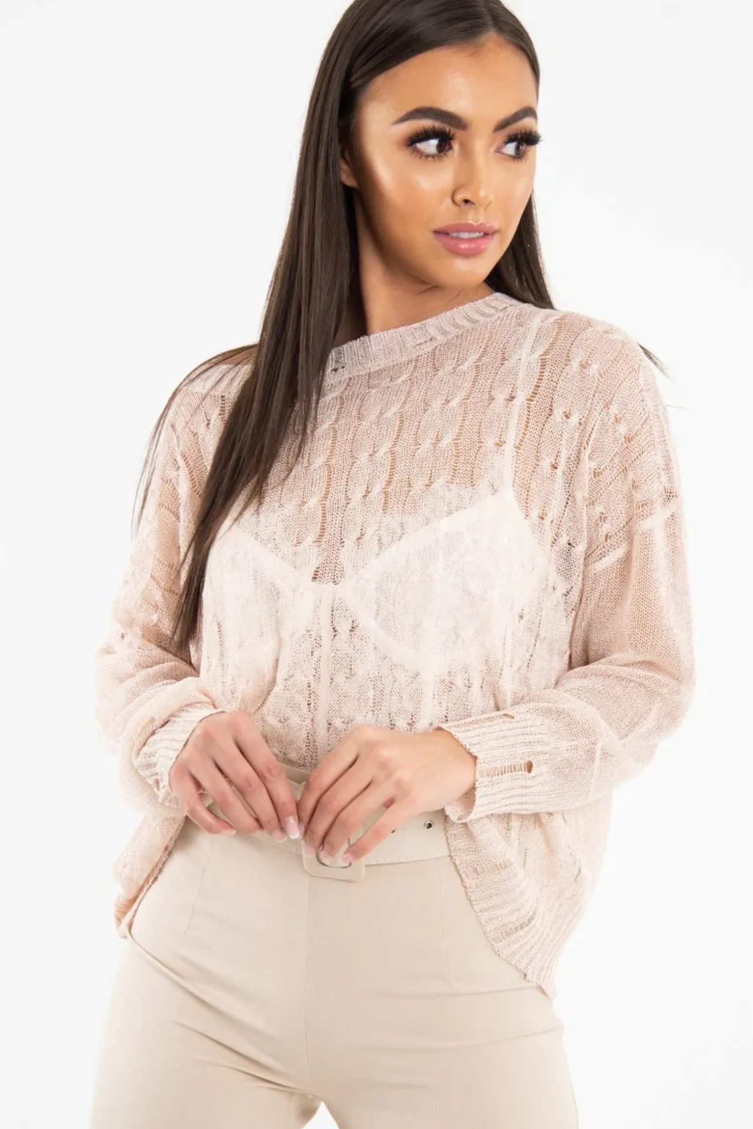 Rebellious Fashion Pink Glitter Net Cable Knit Jumper - Cordia