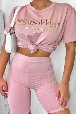 Rebellious Fashion Pink Gold Beverly Hills T-shirt Cycling Shorts Co-ord - Laura