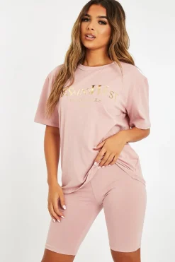 Rebellious Fashion Pink Gold Beverly Hills T-shirt Cycling Shorts Co-ord - Laura