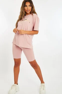 Rebellious Fashion Pink Gold Beverly Hills T-shirt Cycling Shorts Co-ord - Laura