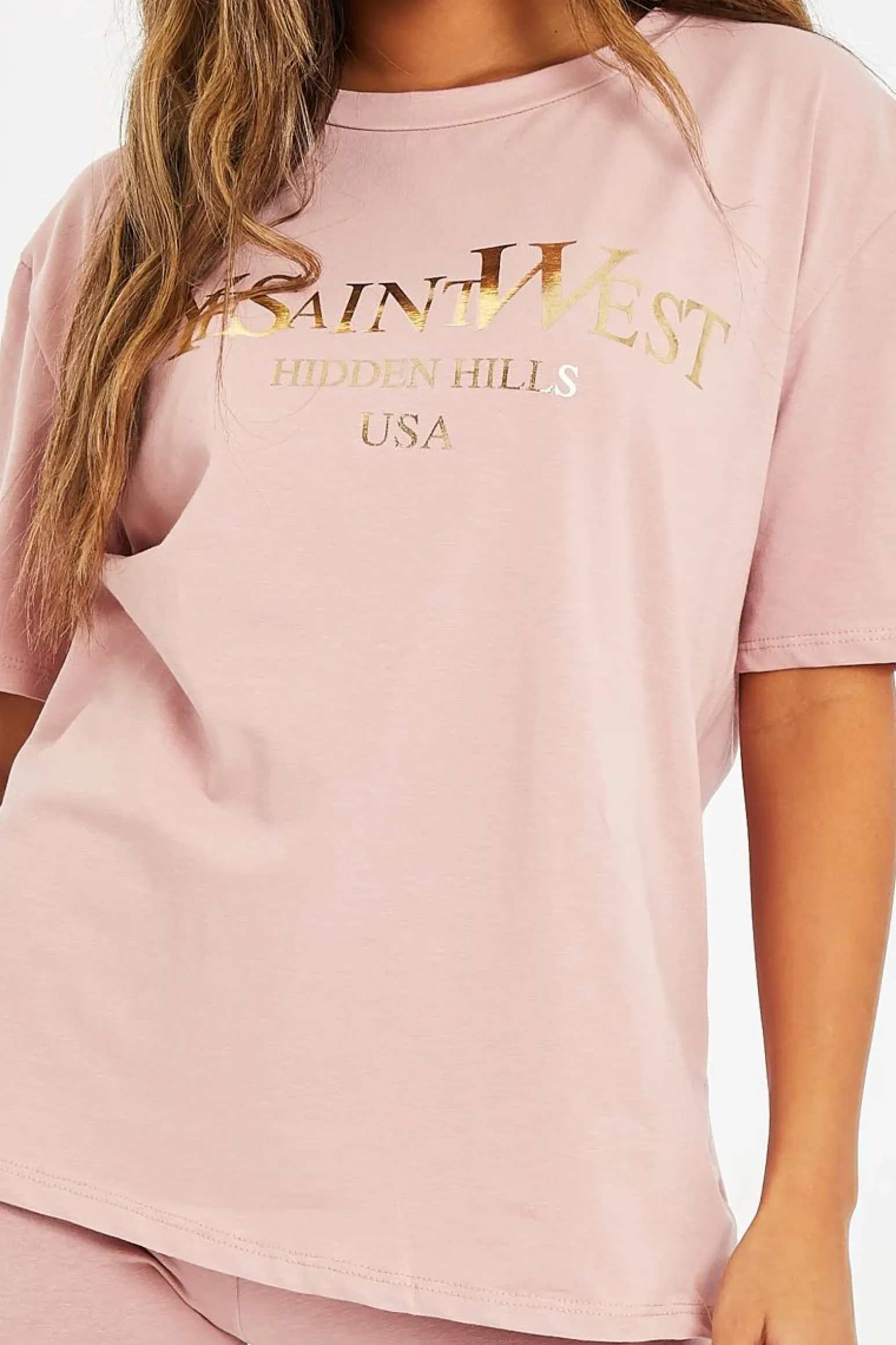 Rebellious Fashion Pink Gold Beverly Hills T-shirt Cycling Shorts Co-ord - Laura