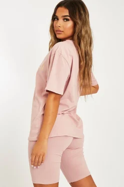 Rebellious Fashion Pink Gold Beverly Hills T-shirt Cycling Shorts Co-ord - Laura