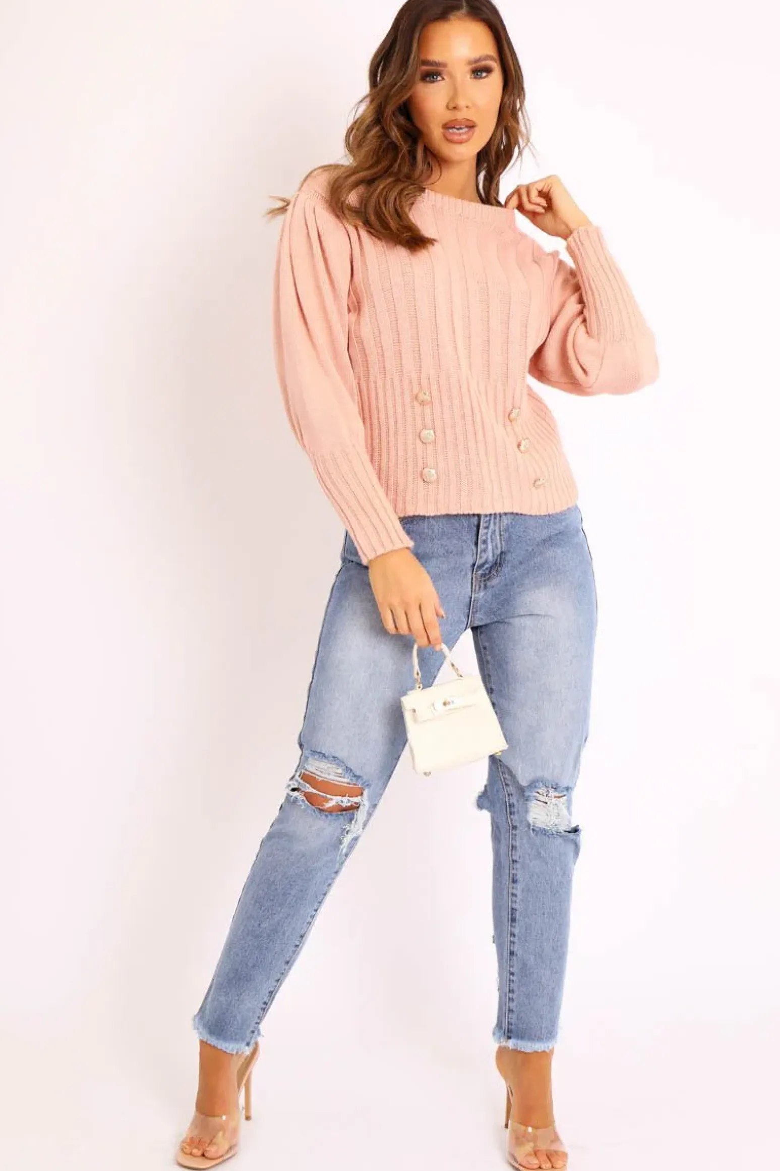 Rebellious Fashion Pink Gold Button Front Knit Jumper - Eleonor
