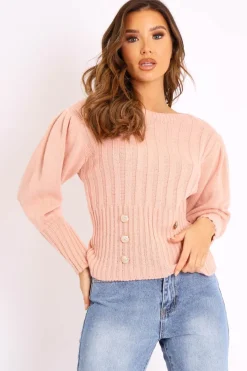 Rebellious Fashion Pink Gold Button Front Knit Jumper - Eleonor