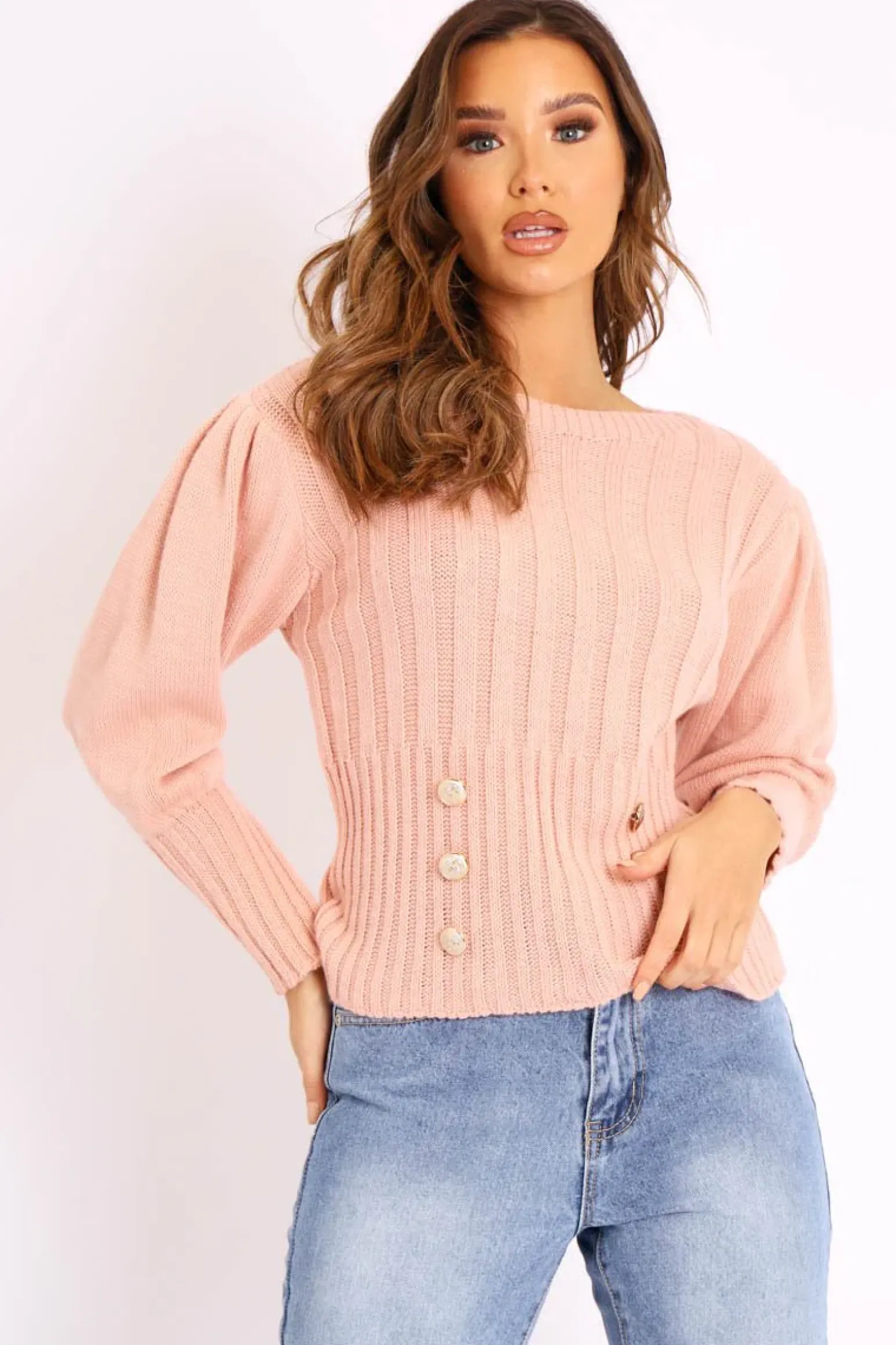 Rebellious Fashion Pink Gold Button Front Knit Jumper - Eleonor