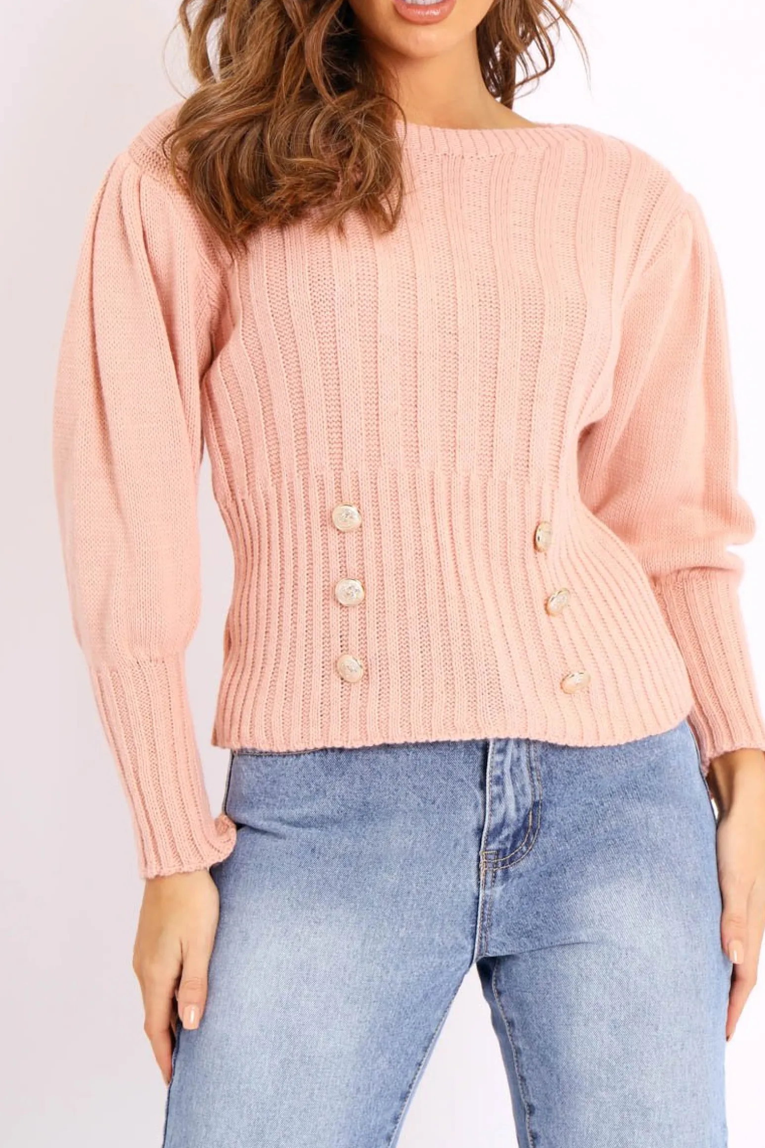 Rebellious Fashion Pink Gold Button Front Knit Jumper - Eleonor