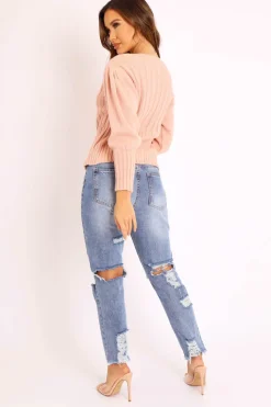 Rebellious Fashion Pink Gold Button Front Knit Jumper - Eleonor