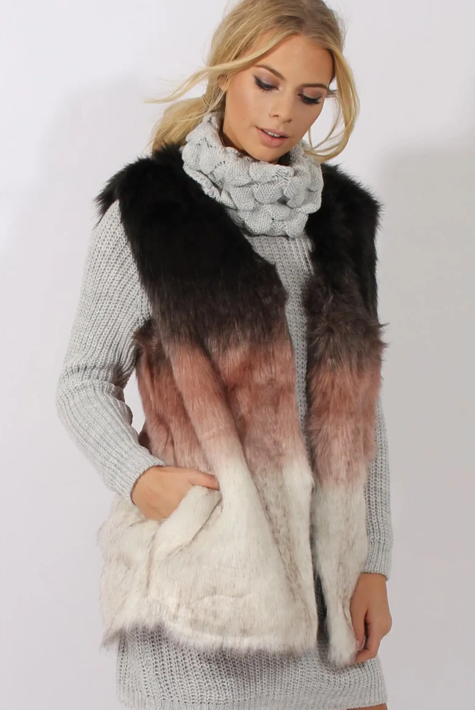 Rebellious Fashion Pink Gradient Faux Fur Gilet - Briella