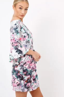Rebellious Fashion Pink Graphic Floral Off Shoulder Frill Dress - Arleen
