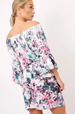 Rebellious Fashion Pink Graphic Floral Off Shoulder Frill Dress - Arleen