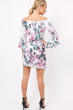 Rebellious Fashion Pink Graphic Floral Off Shoulder Frill Dress - Arleen