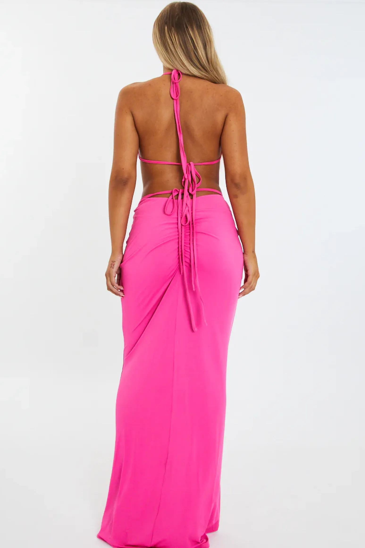 Rebellious Fashion Pink Halter Neck Crop Top & Tie Waist Ruched Bum Maxi Skirt Set - Tilly