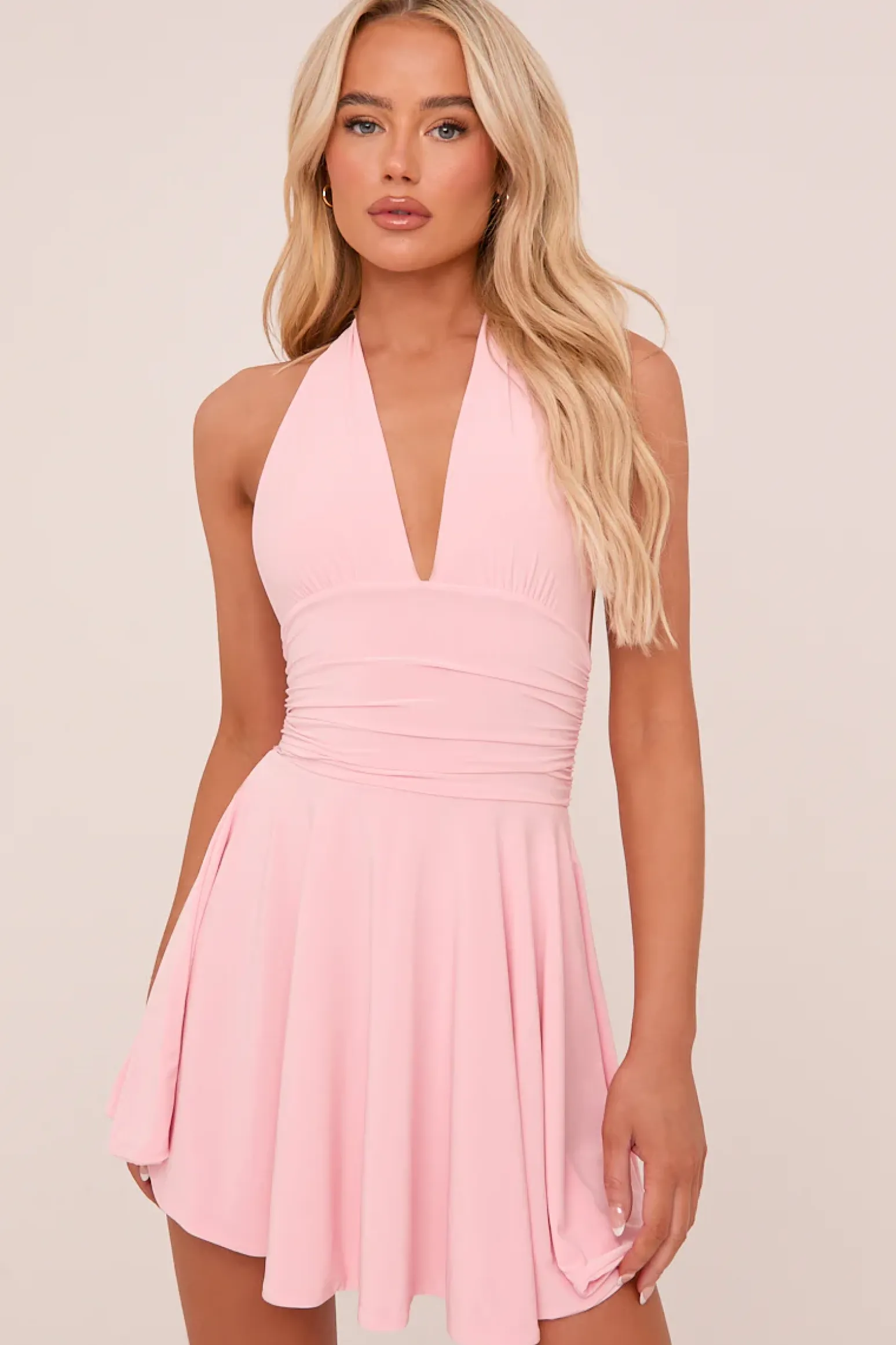 Rebellious Fashion Pink Halter Plunge Neck Mini Dress - Pippa