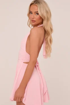 Rebellious Fashion Pink Halter Plunge Neck Mini Dress - Pippa