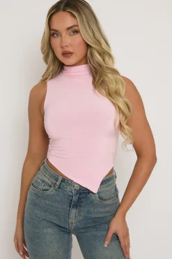 Rebellious Fashion Pink High Neck Asymmetric Top - Ariella