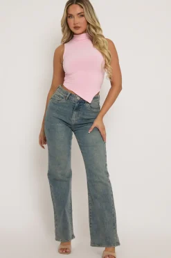 Rebellious Fashion Pink High Neck Asymmetric Top - Ariella