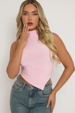 Rebellious Fashion Pink High Neck Asymmetric Top - Ariella