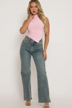 Rebellious Fashion Pink High Neck Asymmetric Top - Ariella