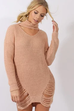Rebellious Fashion Pink High Neck Cut Out Distressed Jumper Dress - Adalyn