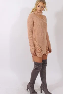 Rebellious Fashion Pink High Neck Cut Out Distressed Jumper Dress - Adalyn