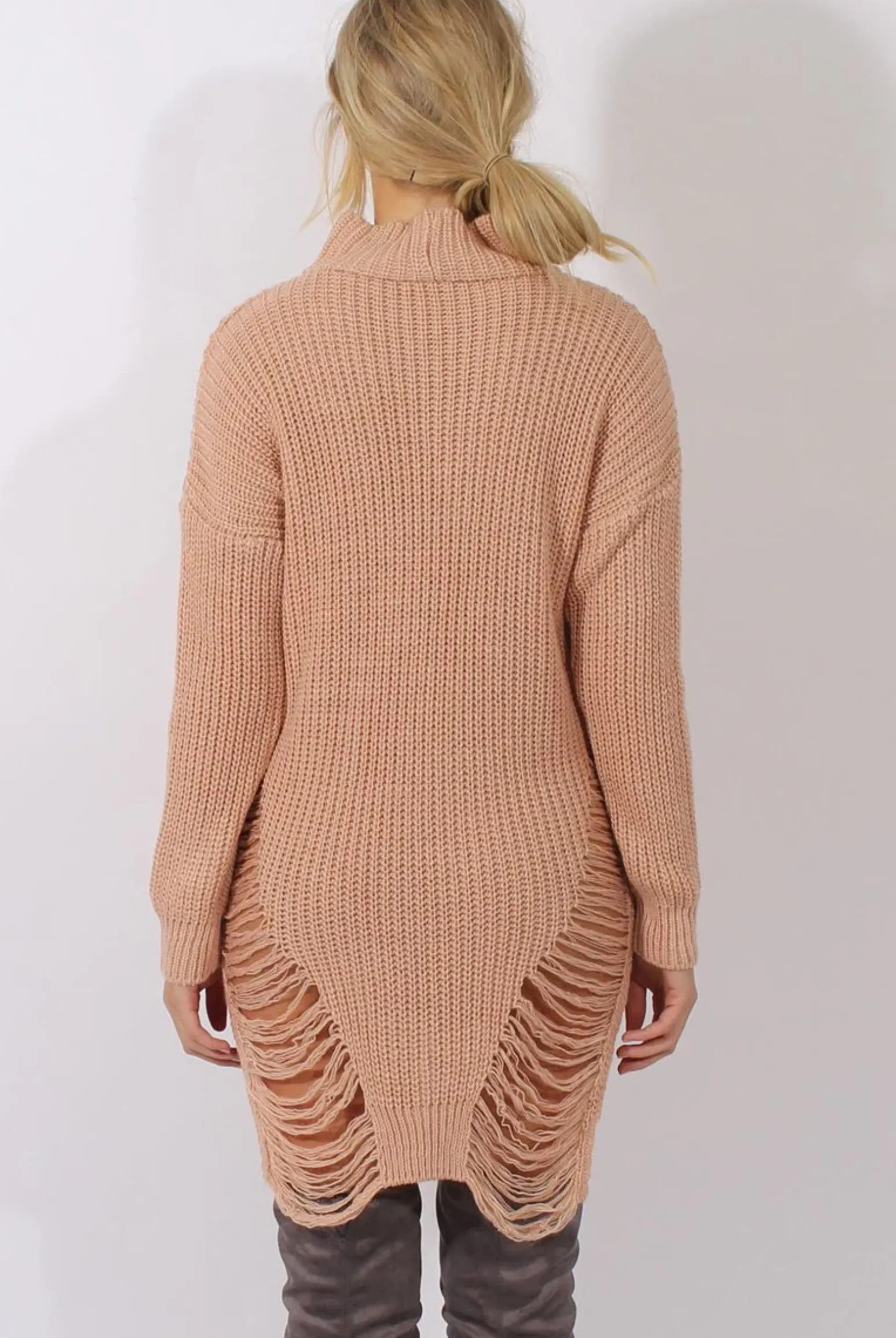 Rebellious Fashion Pink High Neck Cut Out Distressed Jumper Dress - Adalyn