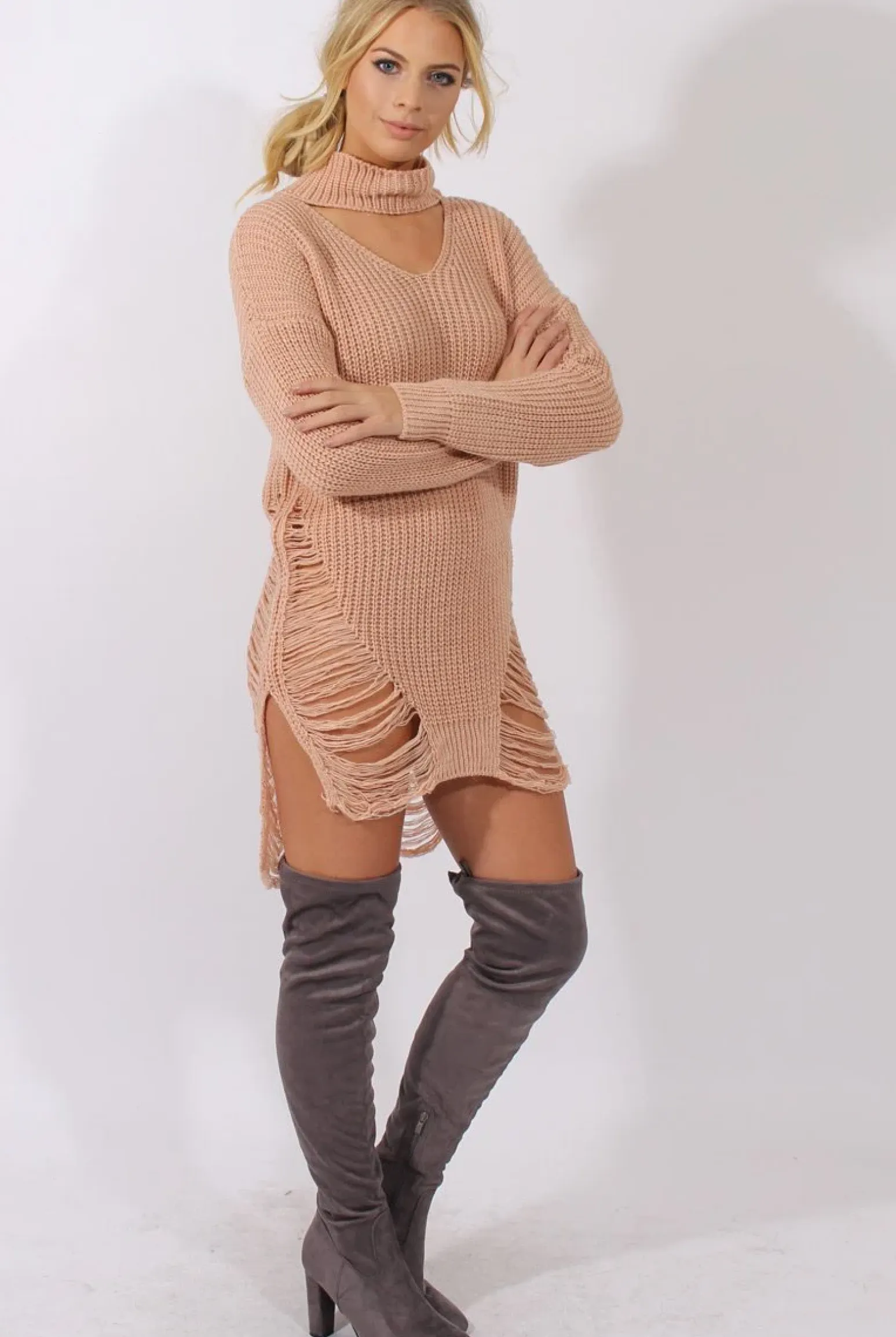 Rebellious Fashion Pink High Neck Cut Out Distressed Jumper Dress - Adalyn