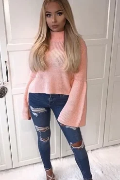 Rebellious Fashion Pink High Neck Flared Sleeve Jumper - Aloni