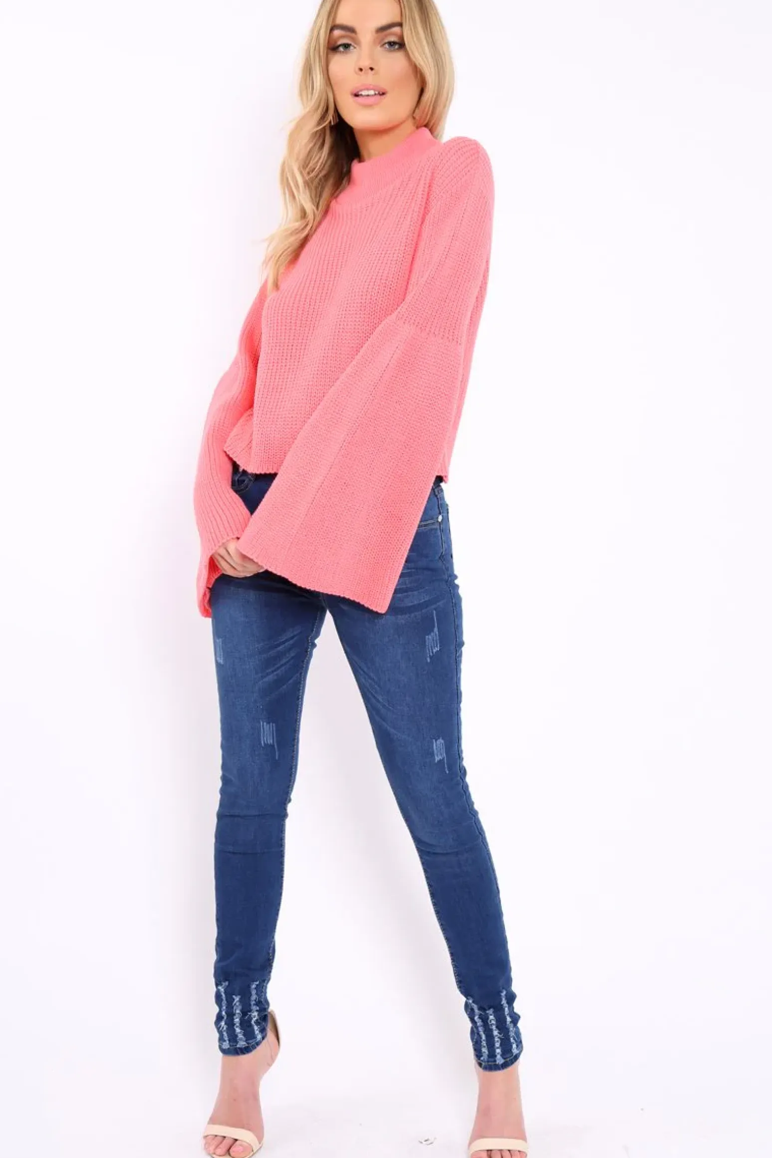 Rebellious Fashion Pink High Neck Flared Sleeve Jumper - Aloni