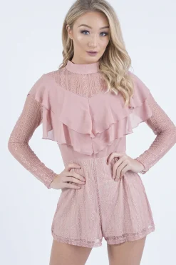 Rebellious Fashion Pink High Neck Frill Lace Playsuit - Katie