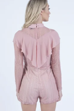Rebellious Fashion Pink High Neck Frill Lace Playsuit - Katie