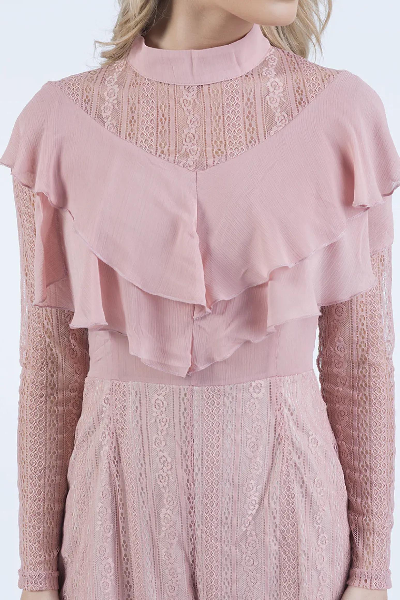 Rebellious Fashion Pink High Neck Frill Lace Playsuit - Katie